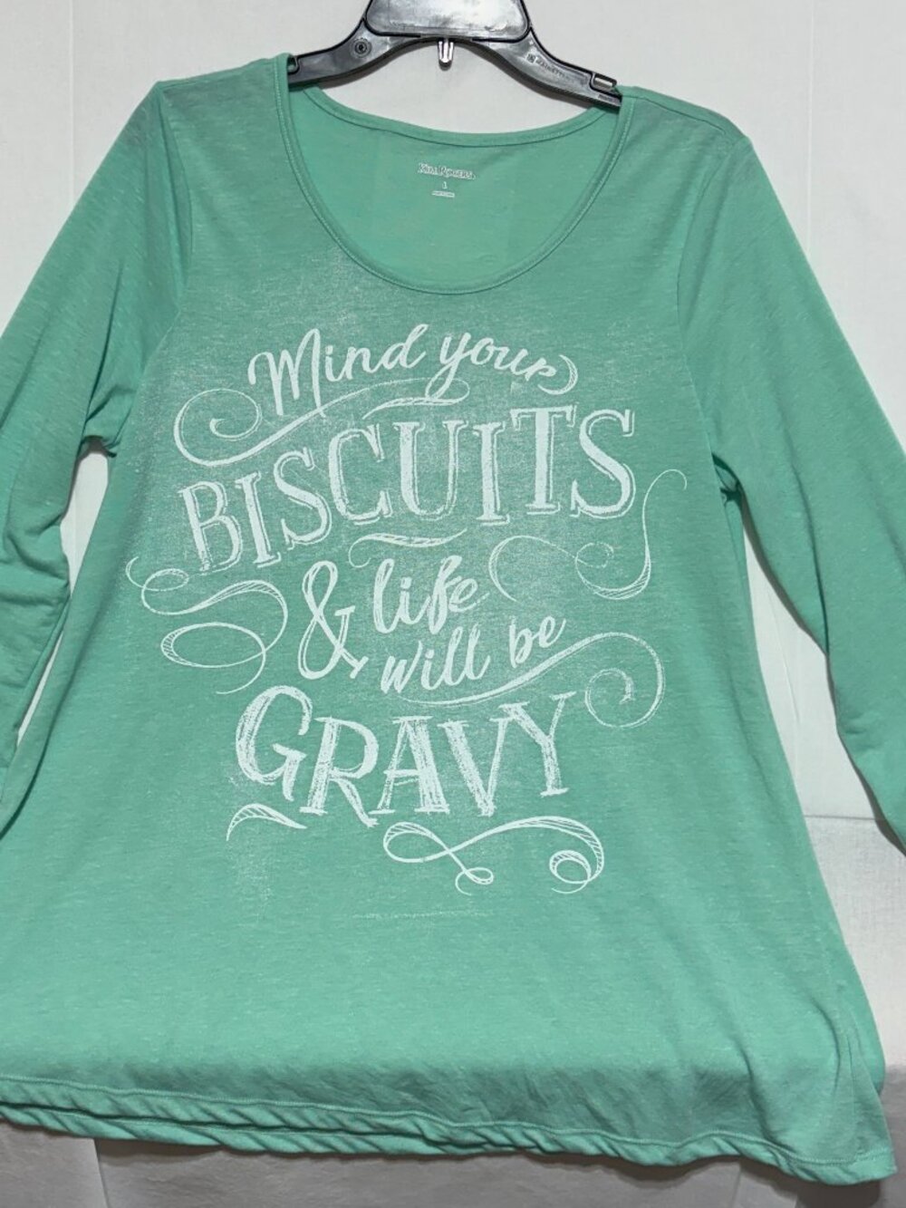 Kim Rogers Womens L Mind Your Biscuits Life Will Be Gravy Mint Green 3/4 Sleeve